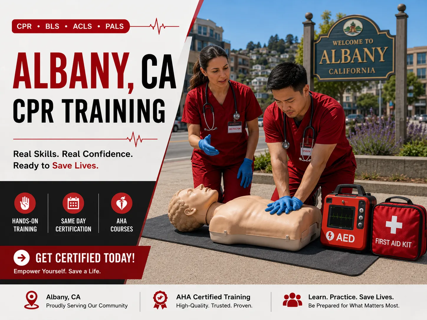 Two-rescuer CPR technique practice in Albany, CA certification class